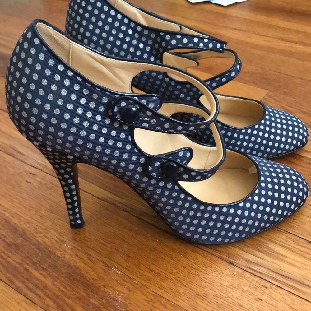 J Crew navy polka dot Mona Mary Jane pumps, size 9